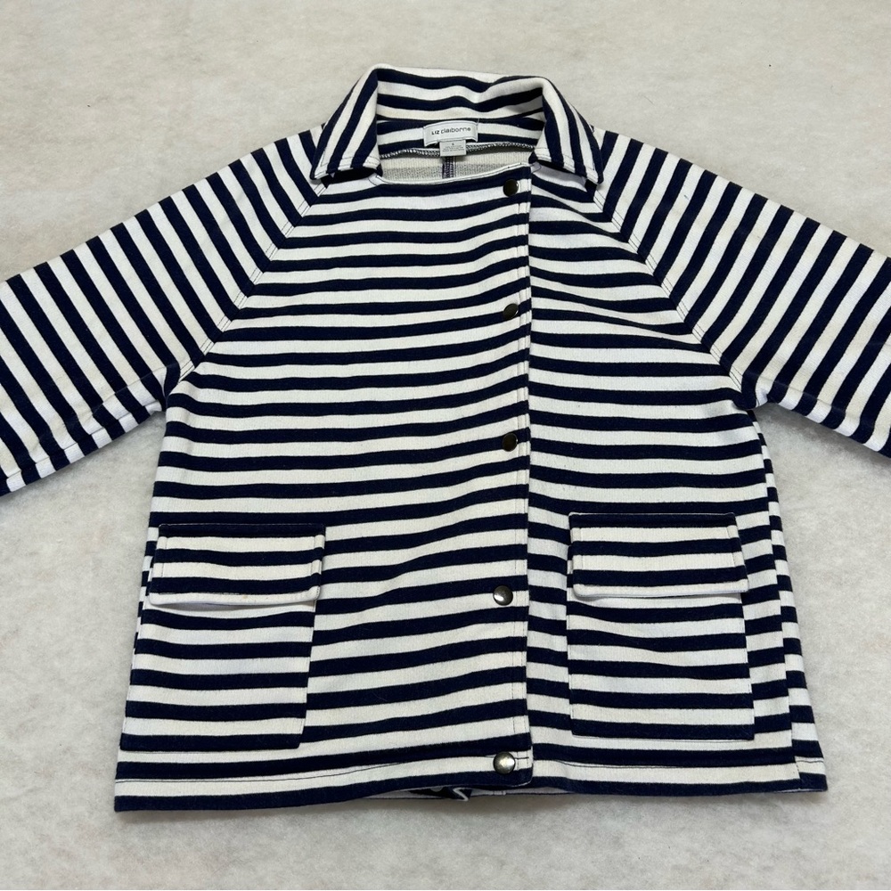 LIZ CLAIBORNE Womens Stripe Jacket Navy/White Roll Up Sleeves Nautical Size Sm